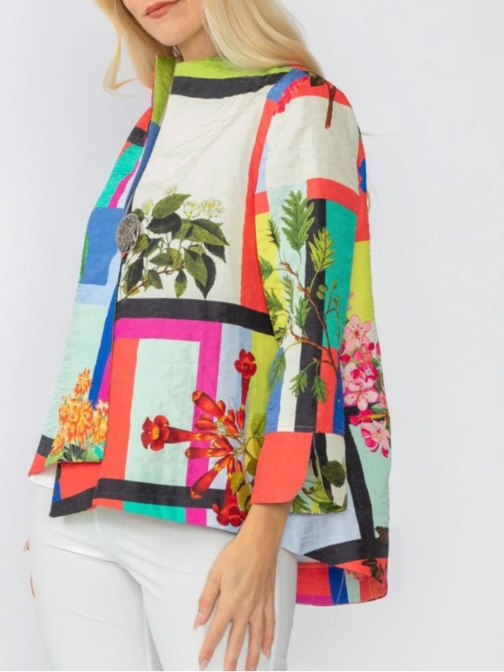 IC COLLECTION Floral Stripe Quilted Top in floral multicolor XS NWT